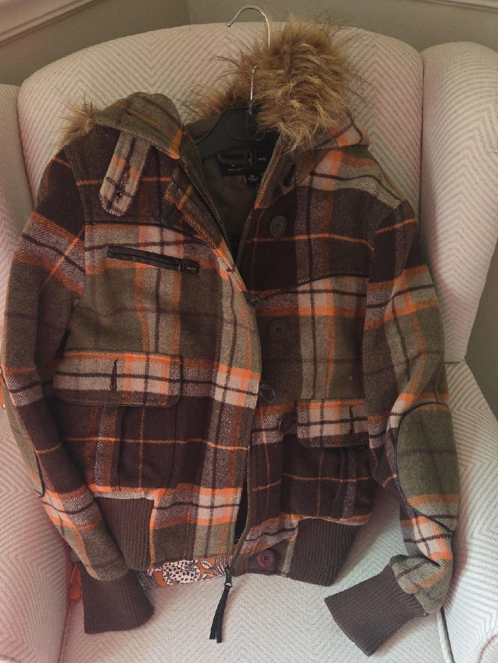 Wool Blend CoffeeShop Brown Plaid Jacket With Faux Fur Trim
